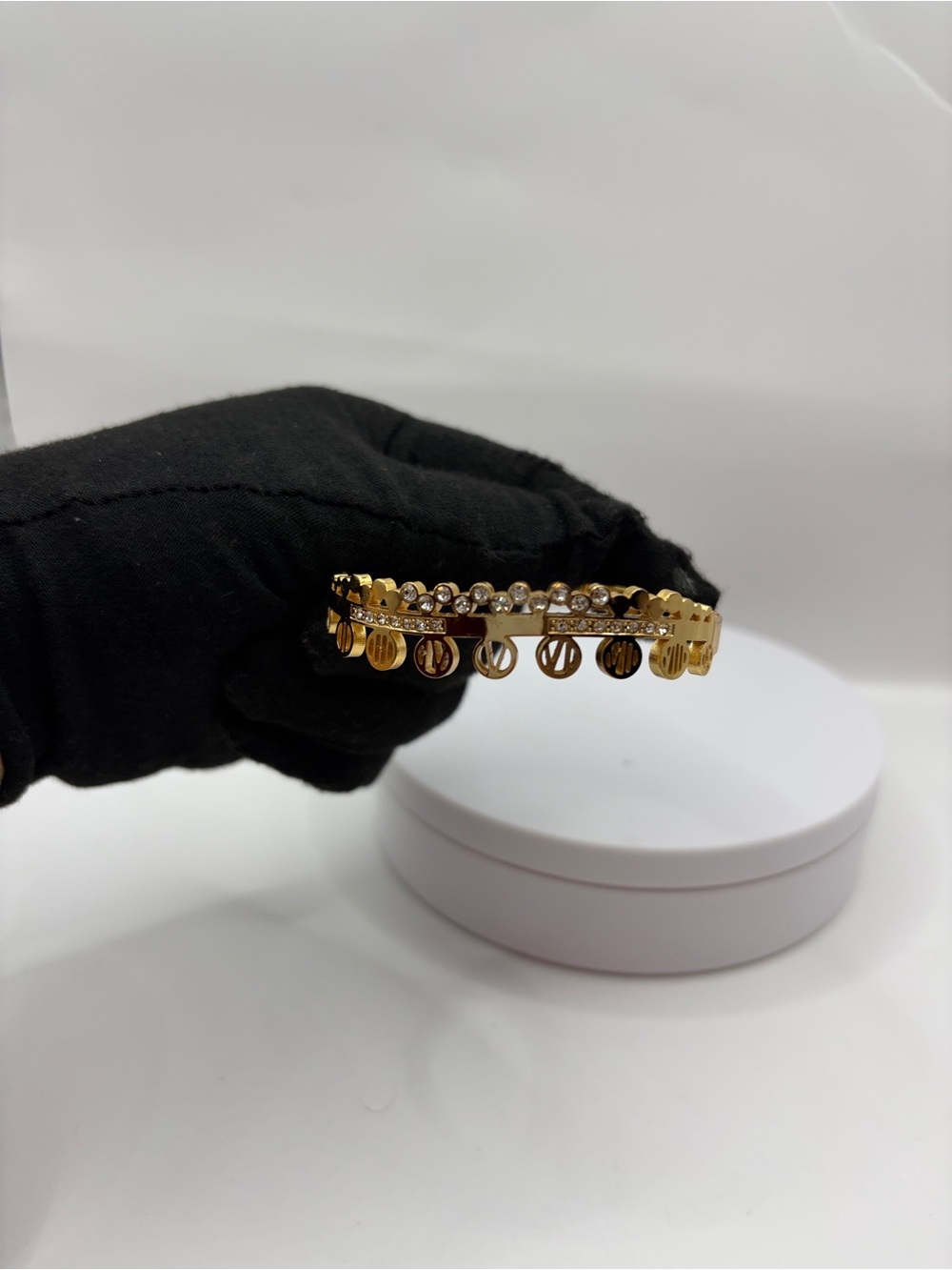 Stainless Steel Gold Charm Crystal-Accented Bangle Bracelet